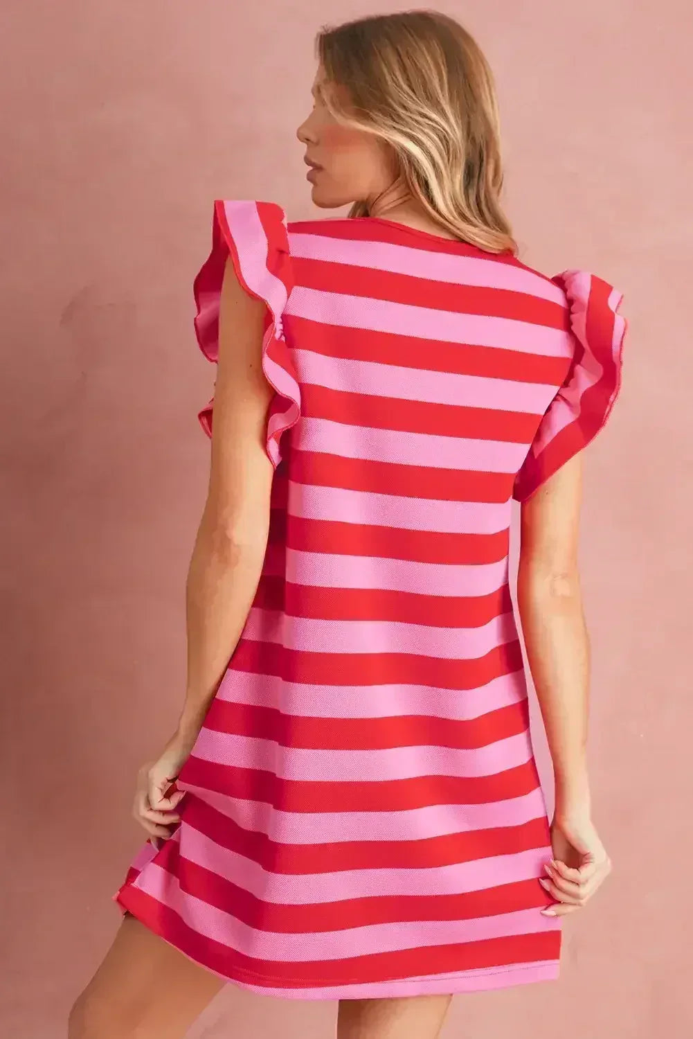Black Stripe Flutter Sleeve Round Neck Shift Mini Dress - Femstylo
