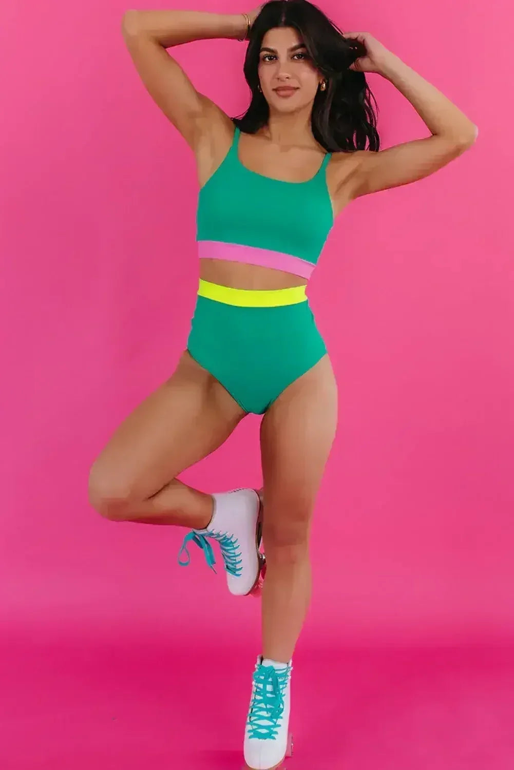 Sea Green Contrast Trim Colorblock High-Waisted Bikini Swimwear - Femstylo
