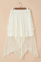 Beige Lace Cascading Tiered High Waist Maxi Skirt - Femstylo