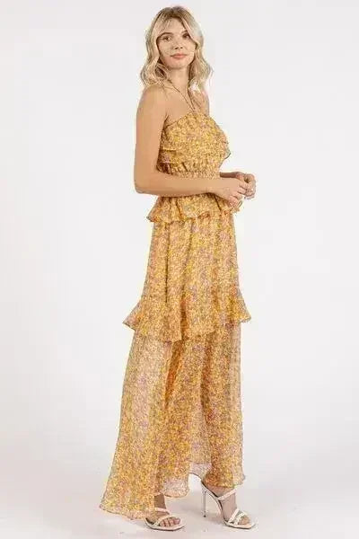 Mittoshop Ruffled Smocked Floral Halter Neck Maxi Dress - Femstylo