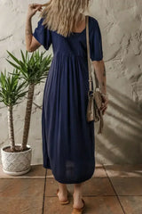 Navy Blue V Neck Buttoned Front Shirred Back Short Sleeve Midi Dress - Femstylo