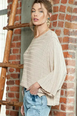 Apricot Solid Color Ribbed Knit 3/4 Sleeve Pullover Sweater - Femstylo