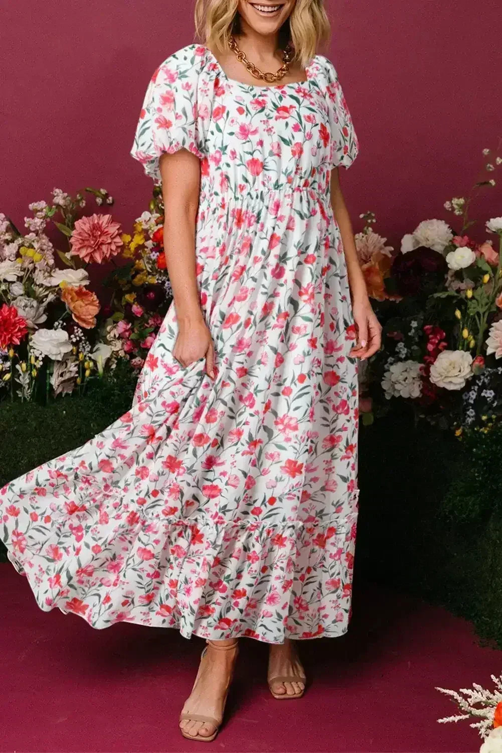 Pink Floral Puff Sleeve Square Neck Empire Waist Tiered Maxi Dress - Femstylo