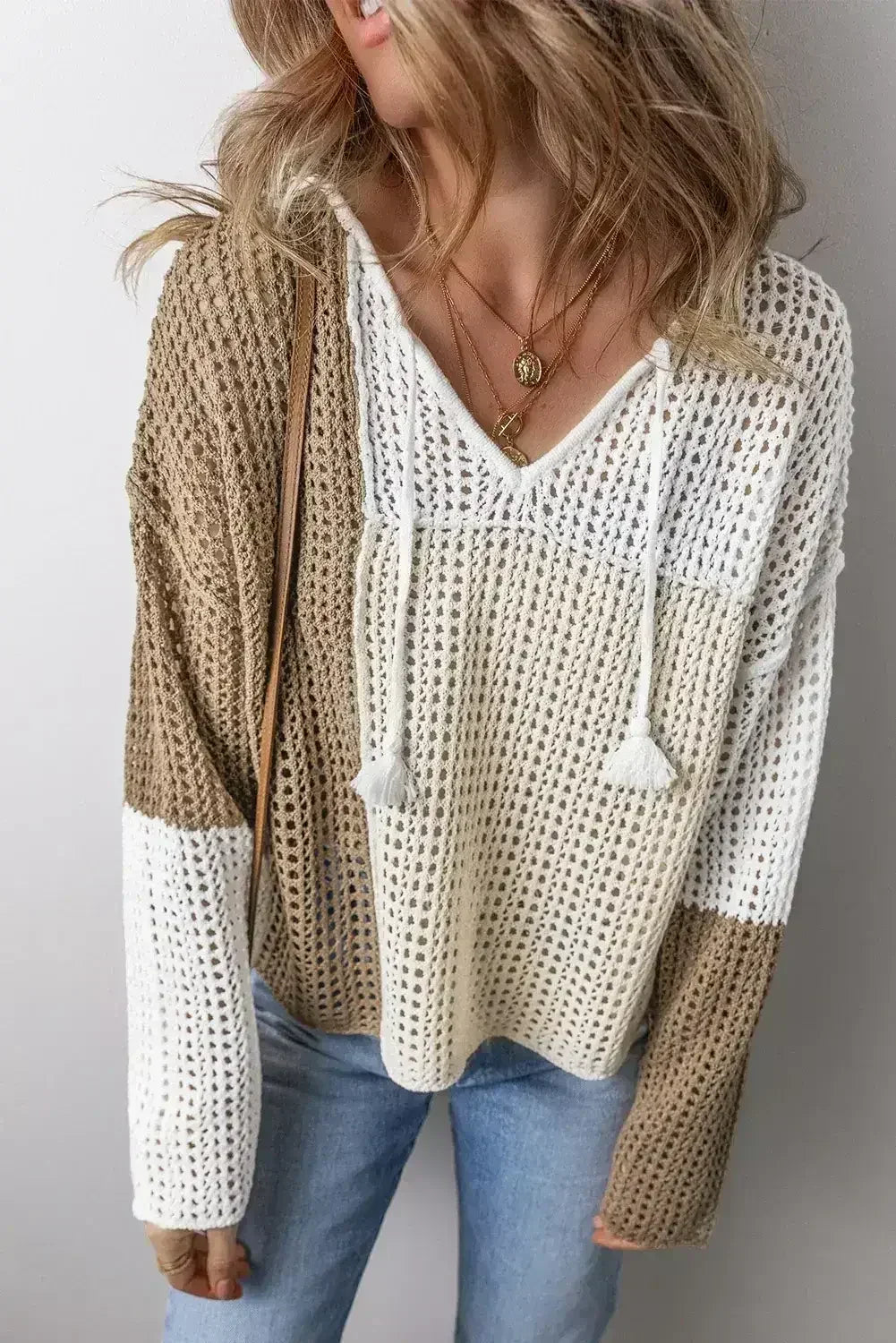 Brown Colorblock Hollow-out Tie V Neck Lightweight Sweater - Femstylo