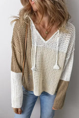 Brown Colorblock Hollow-out Tie V Neck Lightweight Sweater - Femstylo