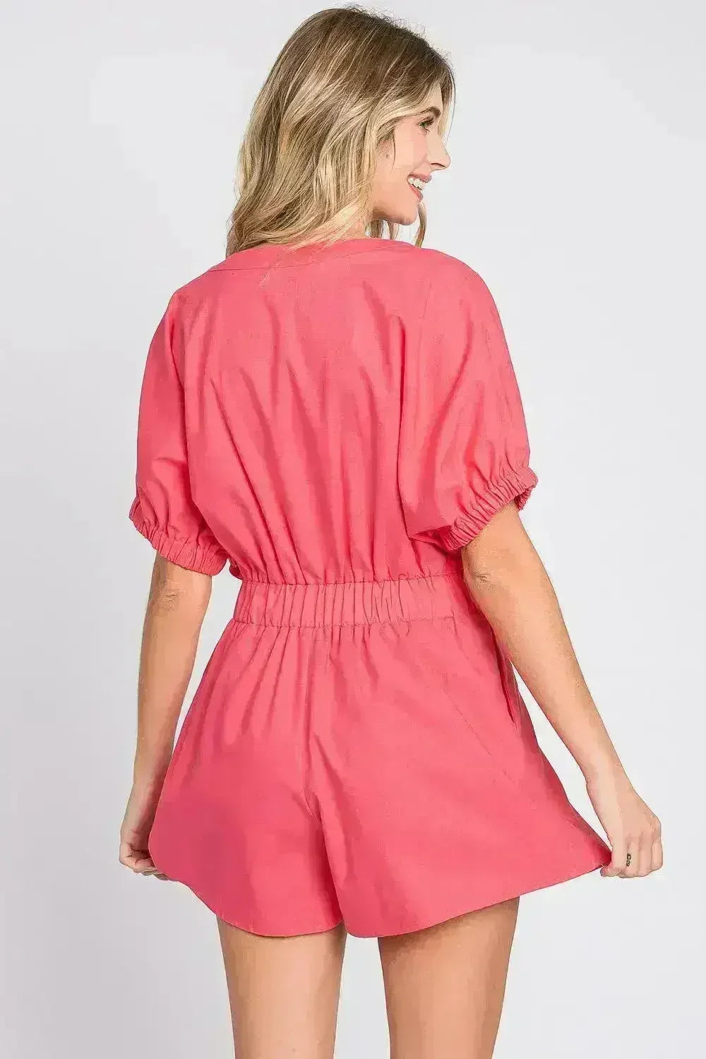 GeeGee Half Button V-Neck Linen Romper - Femstylo