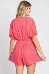 GeeGee Half Button V-Neck Linen Romper - Femstylo