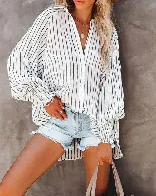 Spring And Autumn New Lapel Shirts Thin Mid Length Striped Casual Long - Femstylo