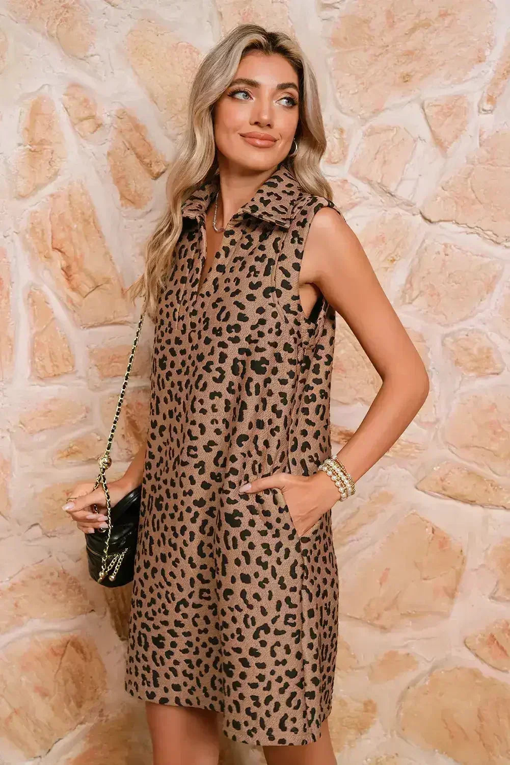 Khaki Leopard Print V Neck Sleeveless Collared Mini Dress - Femstylo