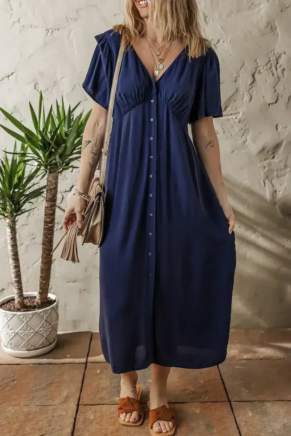 Navy Blue V Neck Buttoned Front Shirred Back Short Sleeve Midi Dress - Femstylo