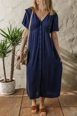 Navy Blue V Neck Buttoned Front Shirred Back Short Sleeve Midi Dress - Femstylo