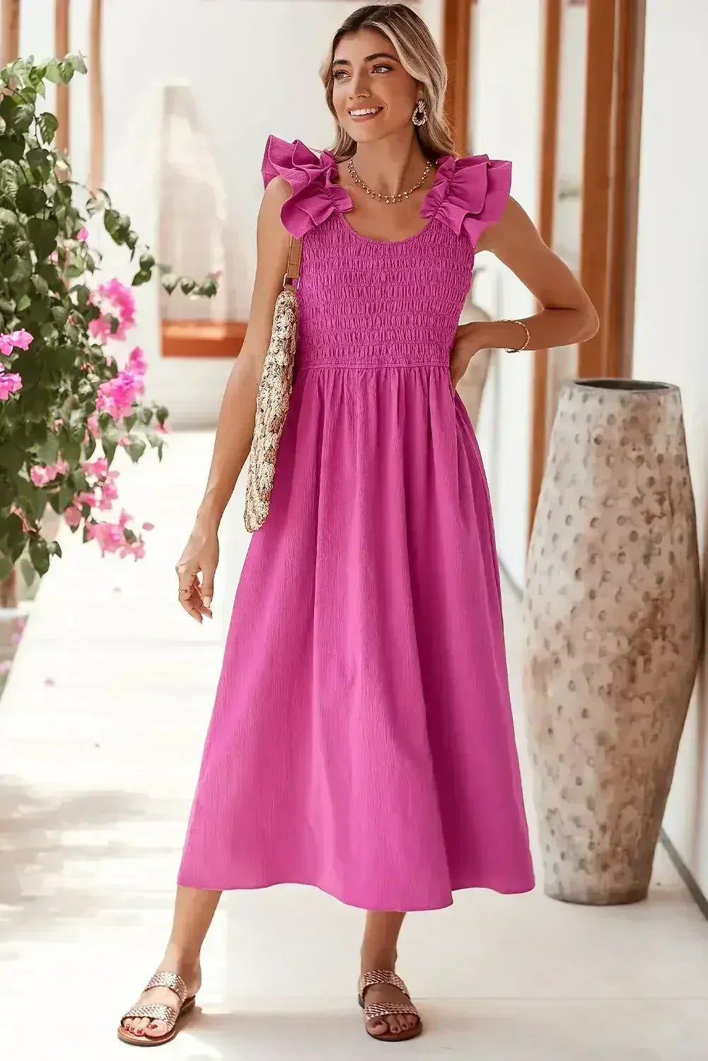 Rose Red Crinkled Ruffle Strap Smocked Midi Dress - Femstylo