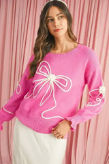 Bright Pink Sweet Bow Pattern Drop Sleeve Knit Sweater - Femstylo