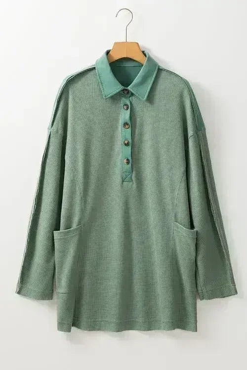 Pink Waffle Long Sleeve Collared Half Button Relaxed Fit Top - Femstylo