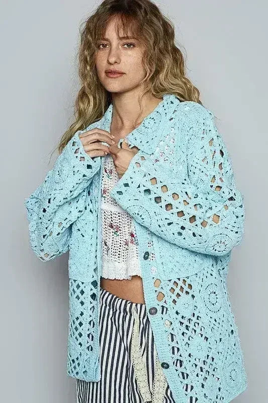 POL Crochet Button Up Cardigan with Chest Patch Pockets - Femstylo