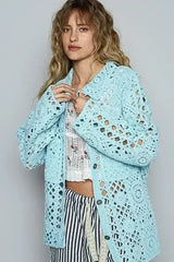 POL Crochet Button Up Cardigan with Chest Patch Pockets - Femstylo