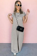 Khaki Checkered Print Buttoned Crew Neck Wide Leg Jumpsuit - Femstylo