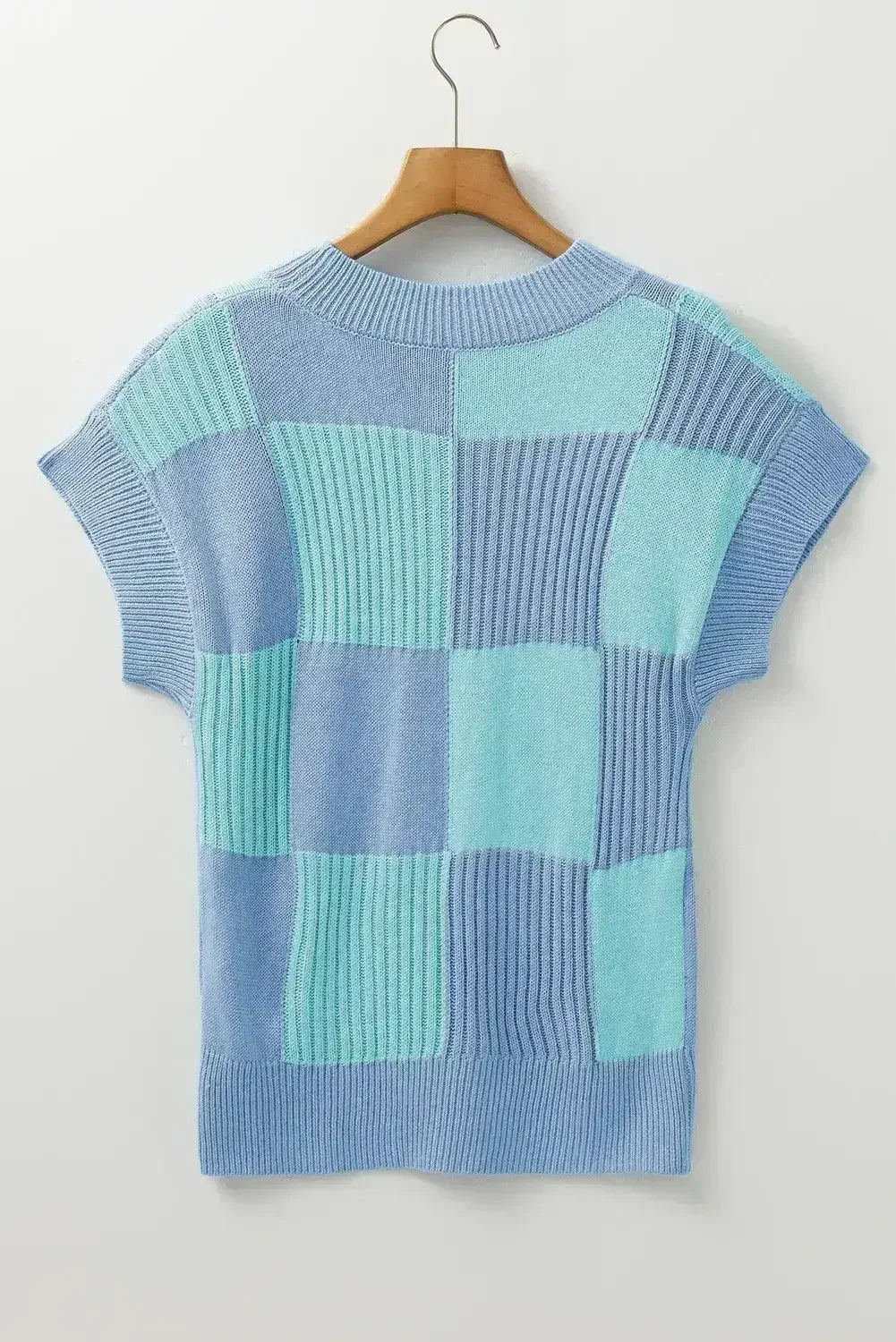 Light Blue Checkered Color Block Crew Neck Short Sleeve Sweater - Femstylo