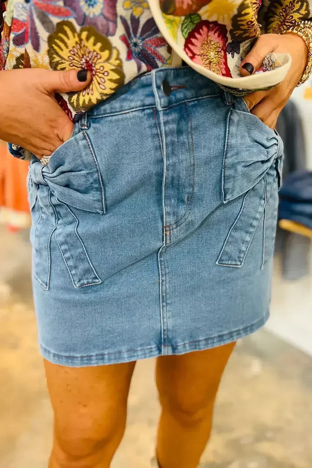 Dusk Blue Acid Washed Bowknot Details High Waist Denim Skirt - Femstylo