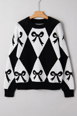 Black Bow Pattern 2-tone Rhombus Knit Loose Sweater