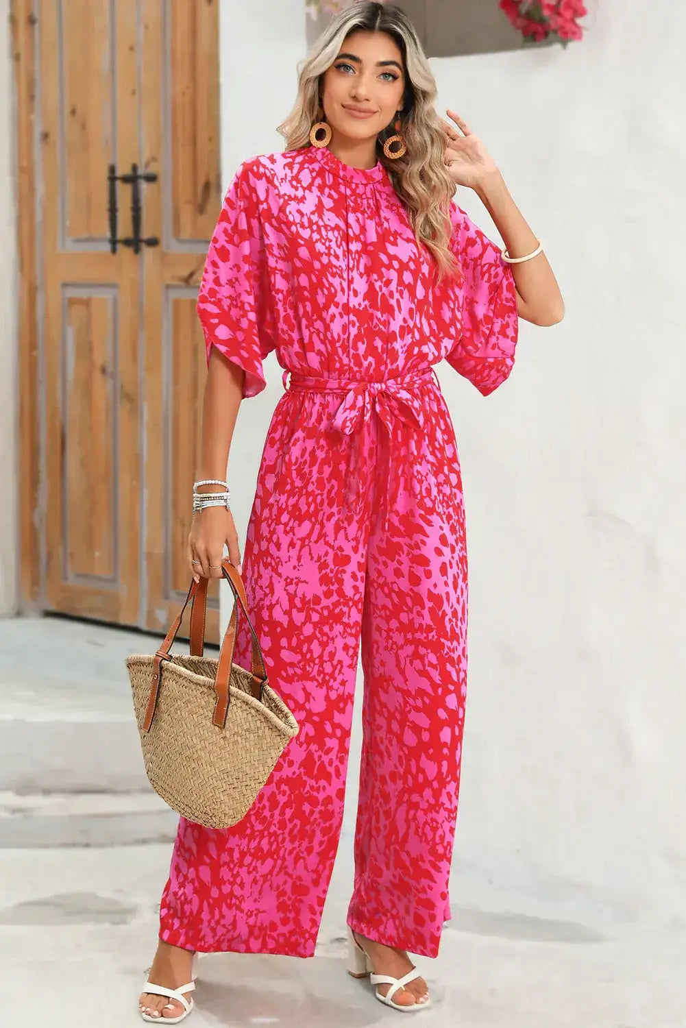 Rose Leopard Print Tulip Sleeve Belted Wide Leg Jumpsuit