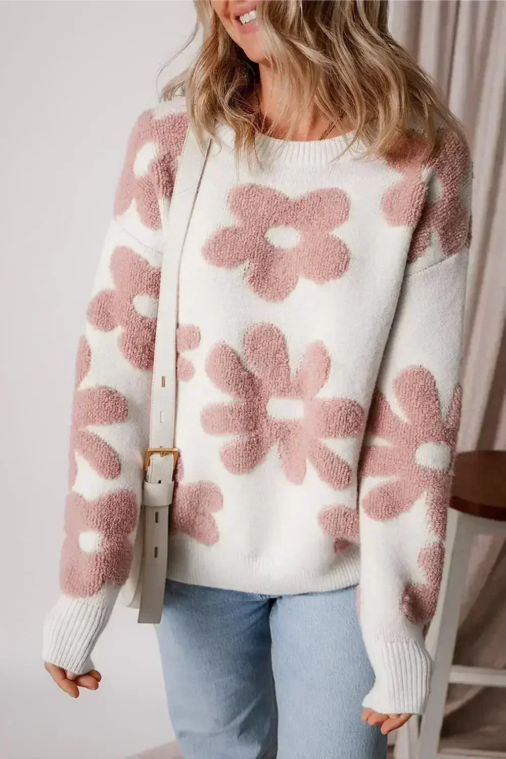 White Vintage Flower Drop Shoulder Loose Sweater - Femstylo