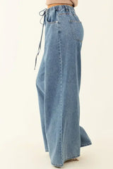 Dusk Blue Medium Wash Drawstring Waist Wide Leg Jeans - Femstylo