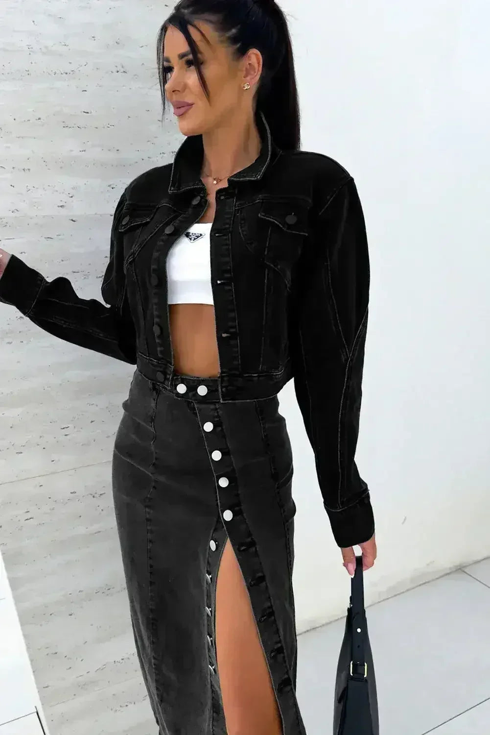 Black Button Fly Side Split High Waist Denim Midi Skirt - Femstylo