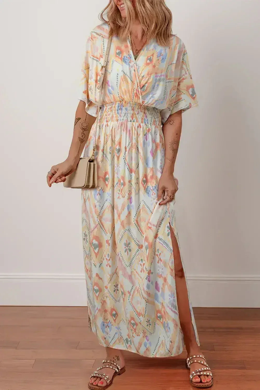 Multicolour Geometric Print Half Sleeve High Waist Maxi Dress - Femstylo