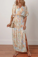 Multicolour Geometric Print Half Sleeve High Waist Maxi Dress - Femstylo