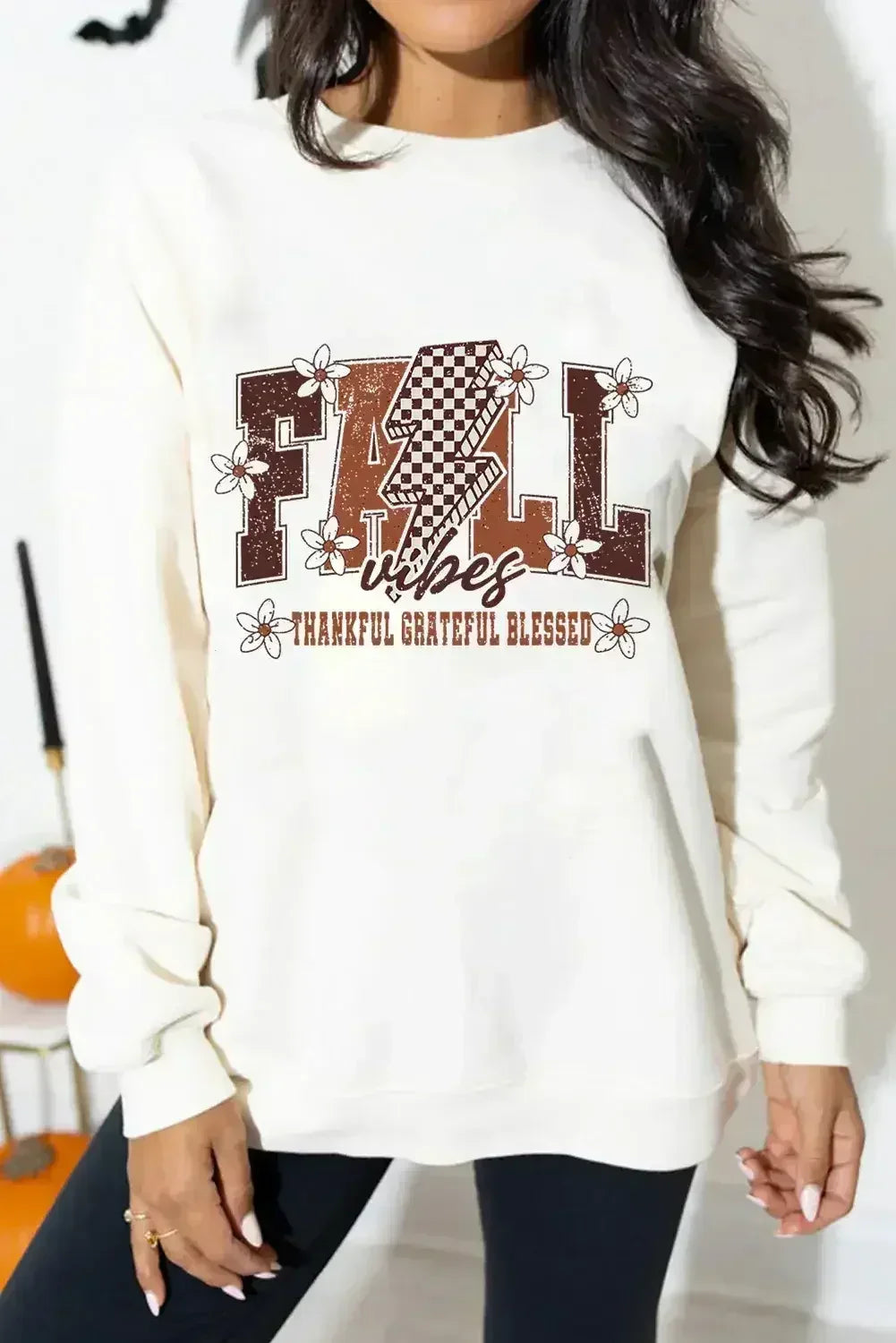 White FALL THANKFUL GRATEFUL BLESSED Graphic Drop Shoulder Sweatshirt - Femstylo