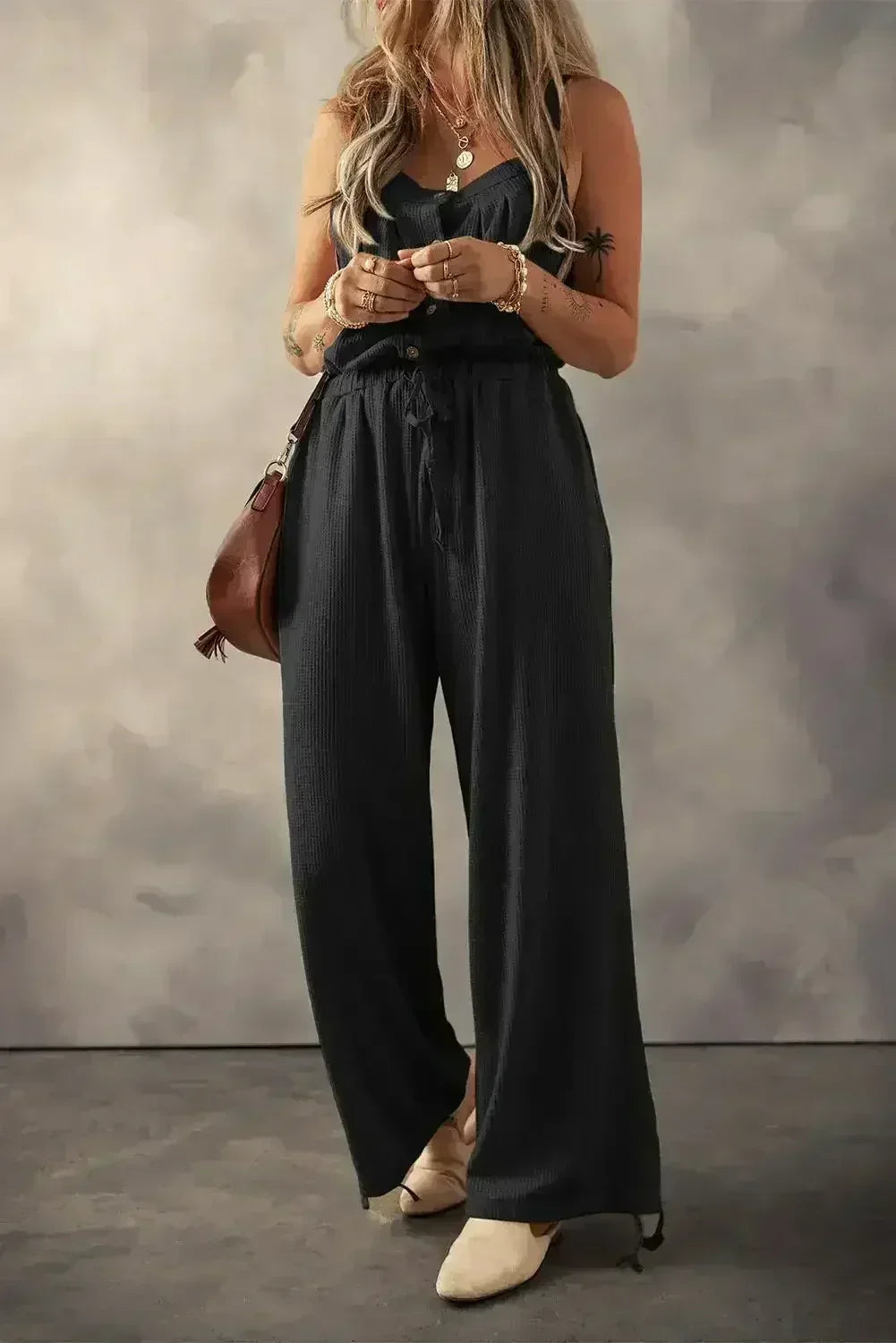 Moss Green Knotted Straps Button Textured Drawstring Jumpsuit - Femstylo