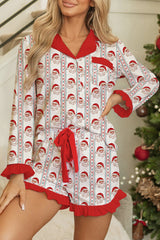 White Christmas Santa Claus Contrast Ruffle Trim Pajama Set