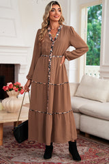 Chestnut Floral Patchwork Notched Neck Long Sleeve Maxi Dress