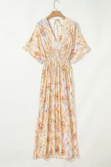 Multicolour Geometric Print Half Sleeve High Waist Maxi Dress - Femstylo