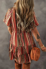 Red Bohemian Floral Print Buttoned V Neck Ruffle Tiered Dress - Femstylo