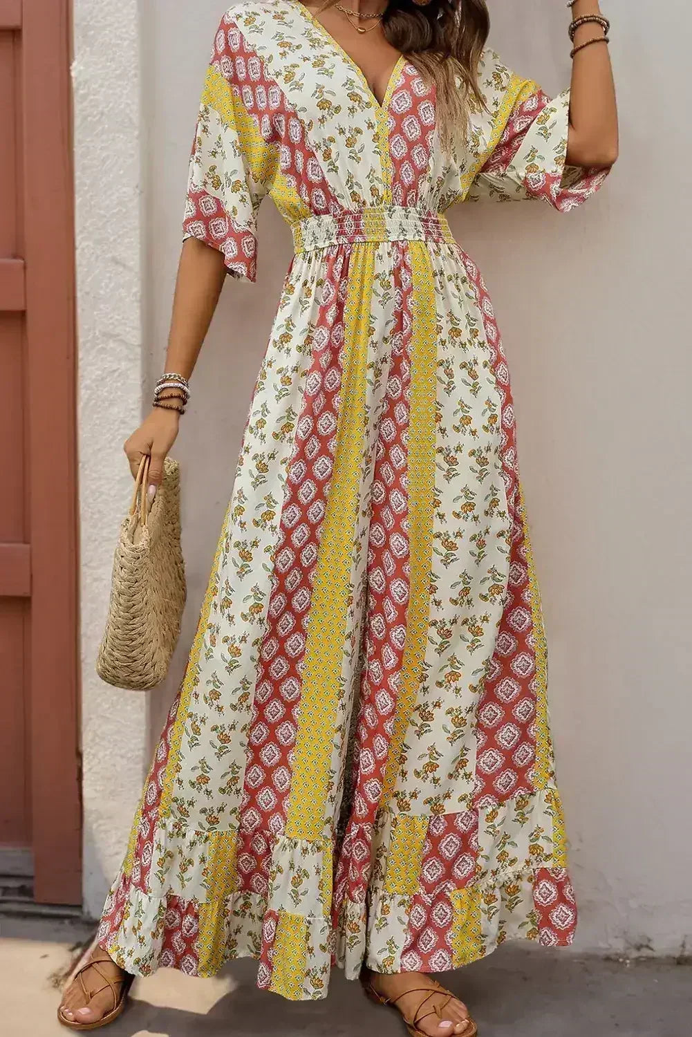 Yellow Boho V Neck Half Sleeve Patchwork Maxi Dress - Femstylo