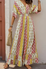 Yellow Boho V Neck Half Sleeve Patchwork Maxi Dress - Femstylo