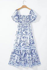 Sky Blue Floral Print Square Neck Bubble Sleeve High Waist Maxi Dress - Femstylo