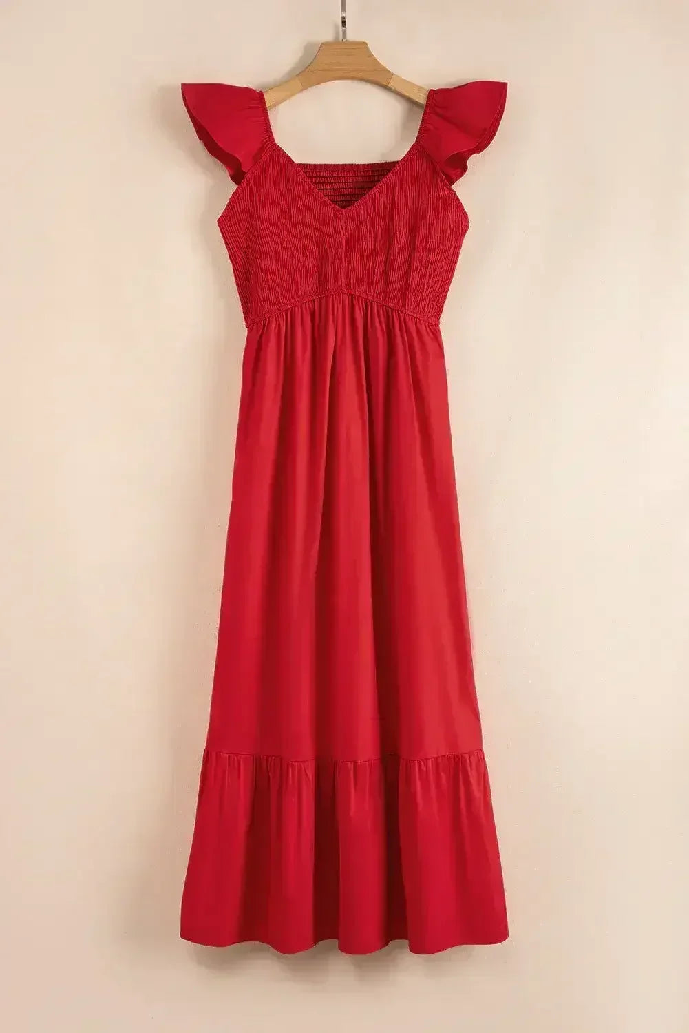 Black V Neck Flutter Sleeve Smocked Bodice High Waist Ruffle Maxi Dress - Femstylo