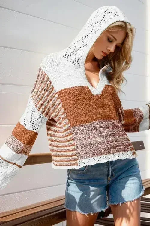 Double Take Full Size Openwork Contrast Long Sleeve Hooded Sweater - Femstylo