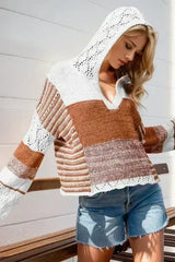 Double Take Full Size Openwork Contrast Long Sleeve Hooded Sweater - Femstylo