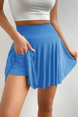 Blue A-line Draped High Waist Pocketed Lined Skort - Femstylo