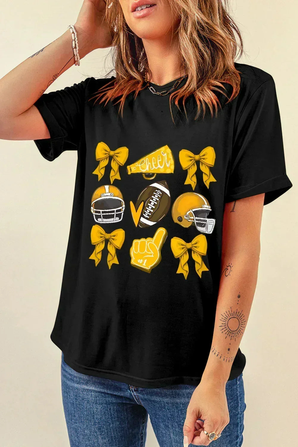 White Game Day Rugby Cheer Helmet Bow Graphic Tee