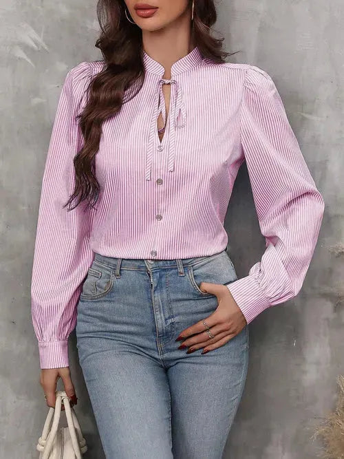 Striped Tie Neck Long Sleeve Blouse - Femstylo