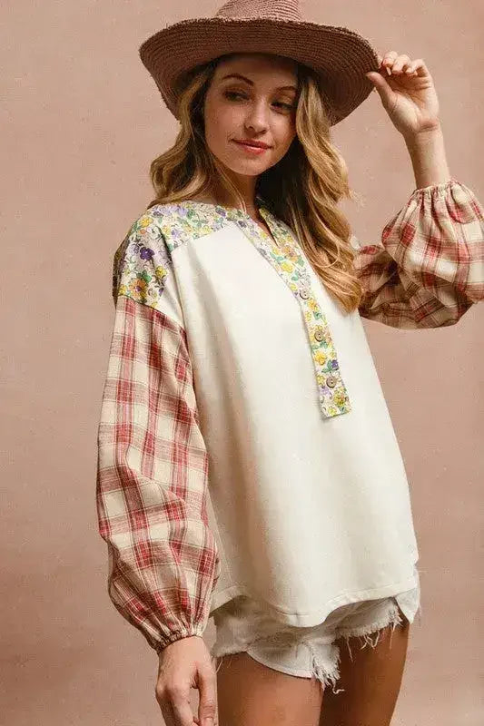BiBi Floral Notched Plaid Balloon Sleeve Top - Femstylo