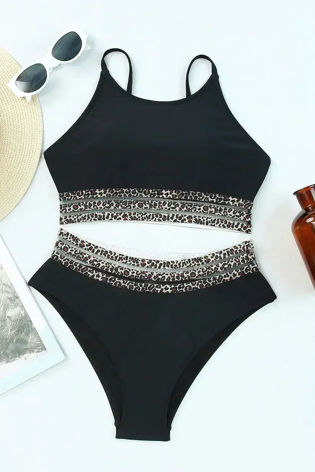 Rose Leopard Print Spaghetti Strap Padded Wireless Two Piece Swimsuit - Femstylo