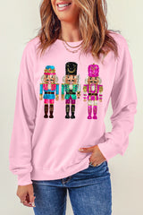 Pink Cute Nutcracker Heat Transfer Printing Graphic Drop Shoulder Christmas Sweatshirt