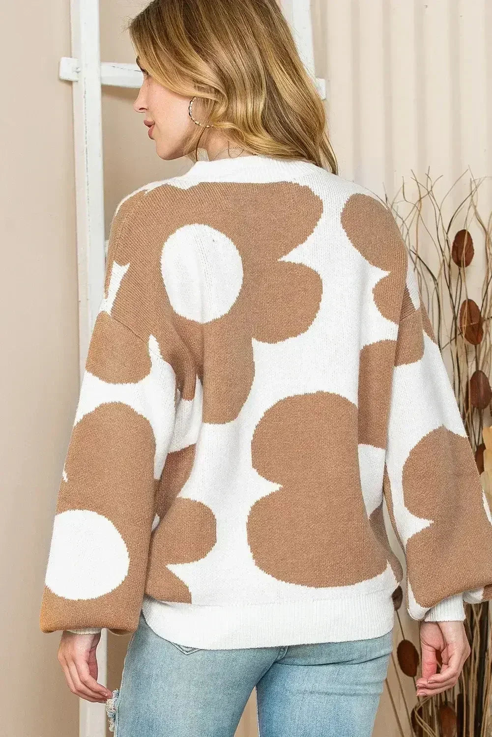 Khaki 60s Floral Pattern Ribbed Trim Pullover Sweater - Femstylo