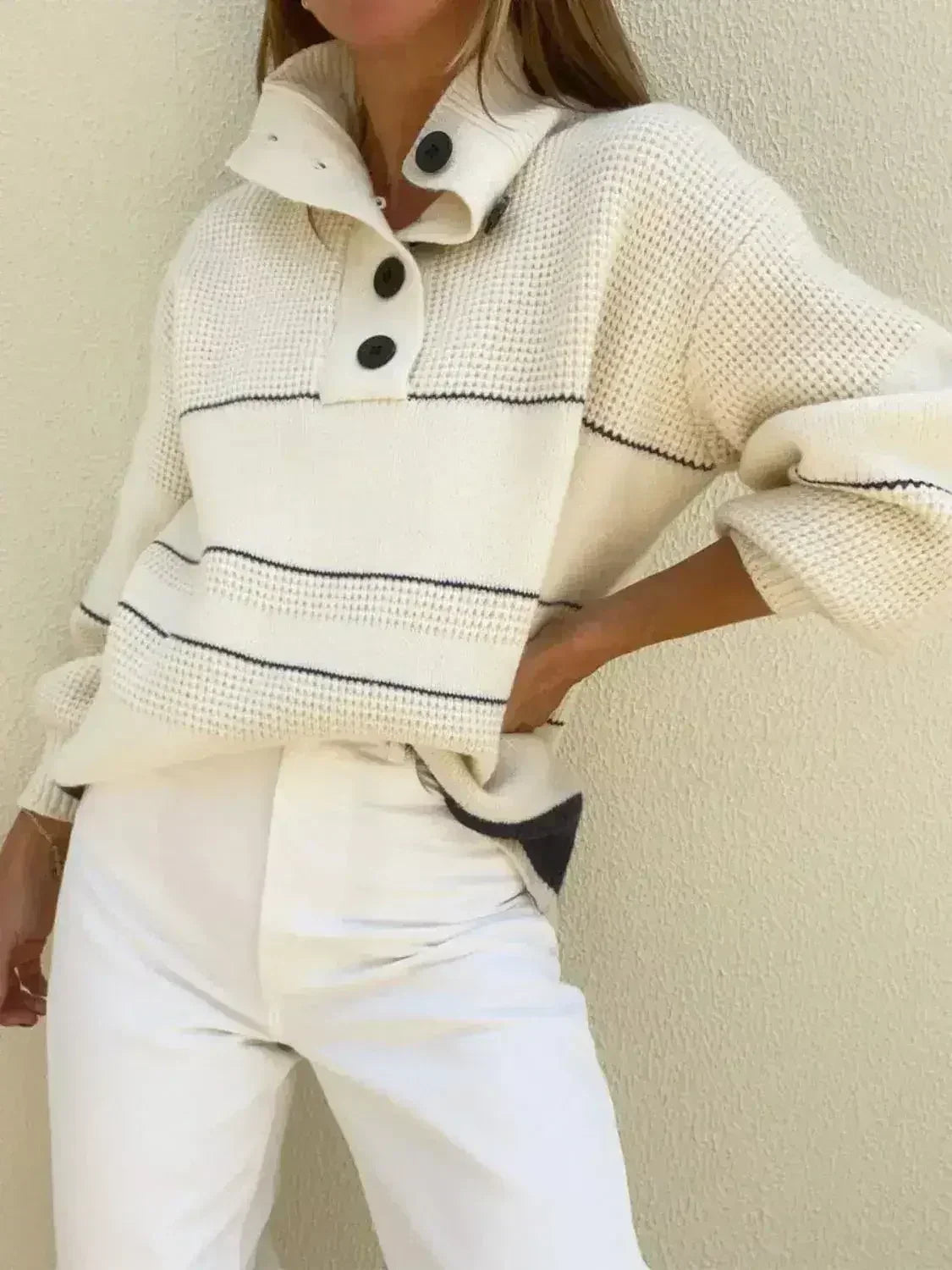 Waffle-Knit Half Button Long Sleeve Sweater - Femstylo